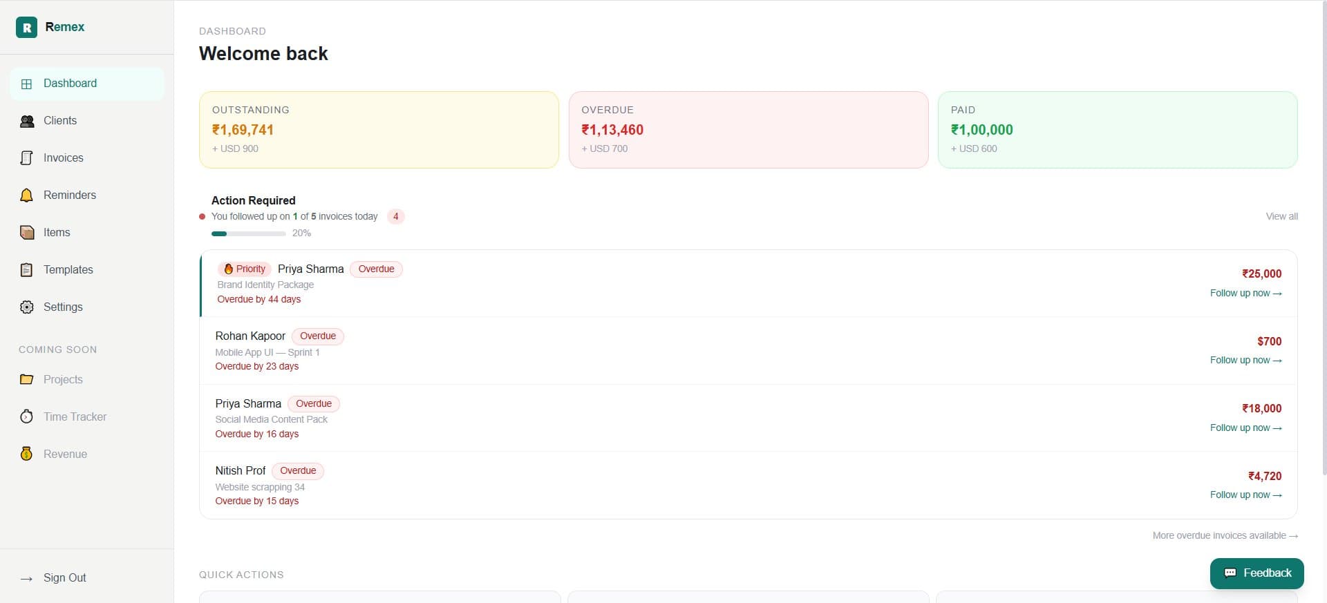 Remex dashboard showing outstanding invoices and follow-up queue
